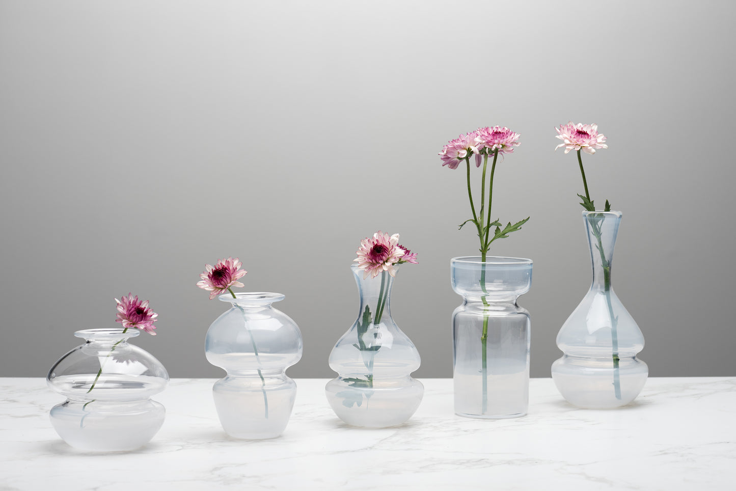A line of white bud vases holding pink flower blooms. Image by Loam